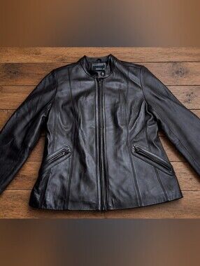 Marvin Richards Womans Black Leather Zip Front Jacket Size Large